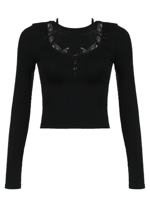 Lace Trim Square Neck Long-sleeved Top Button-down Halter Neck Tank Top