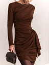 Long-sleeved Ribbon Slim Fit Pleated Workplace Grace Cocktail Party Mini&Short Dresses