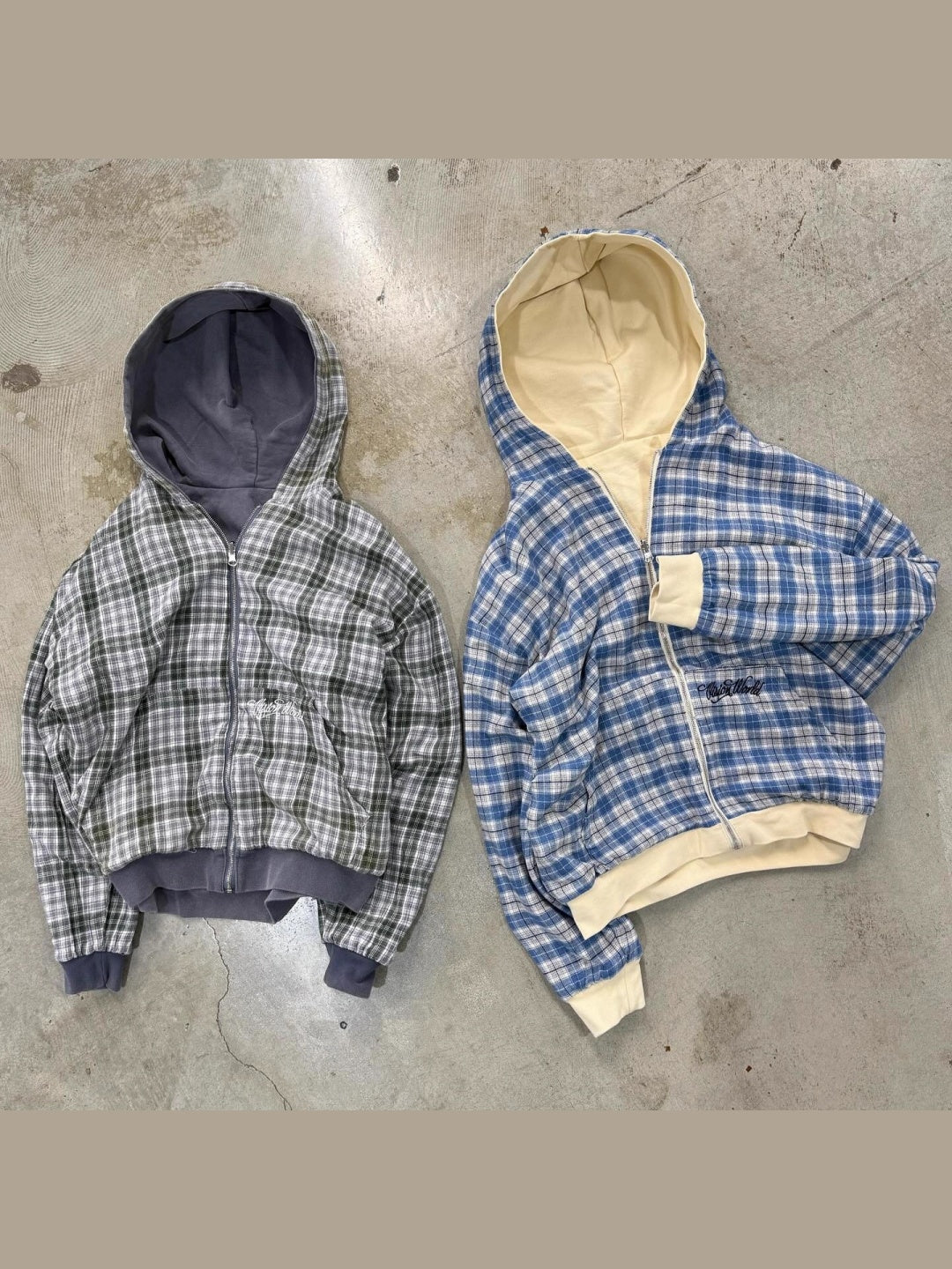 Ins Style Lattice Lining Double-sided Street Fashion Hooded Zip-up Sweatshirt