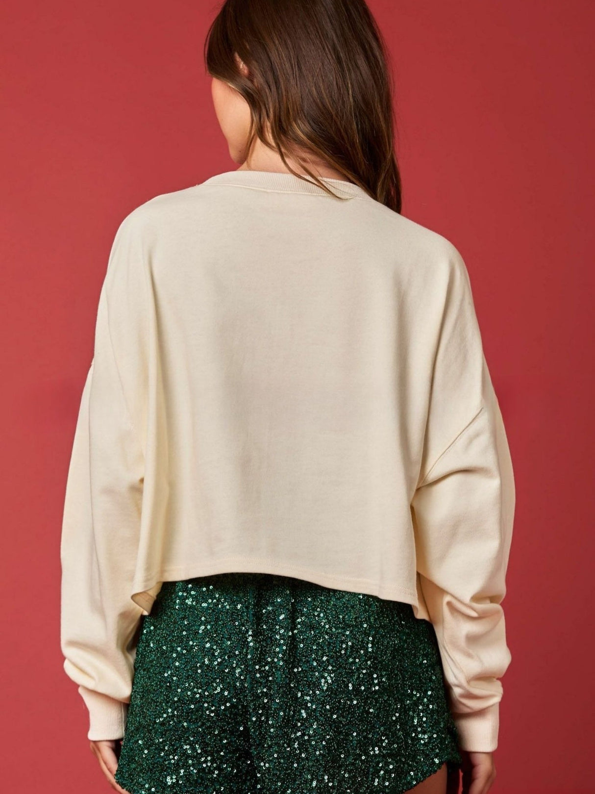 Women's Christmas Bell Sequin Top Casual Long Sleeve Short Pullover Sweatshirt