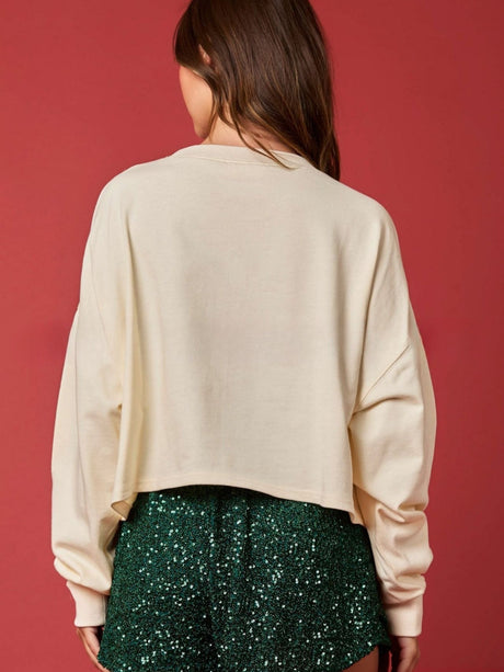 Women's Christmas Bell Sequin Top Casual Long Sleeve Short Pullover Sweatshirt