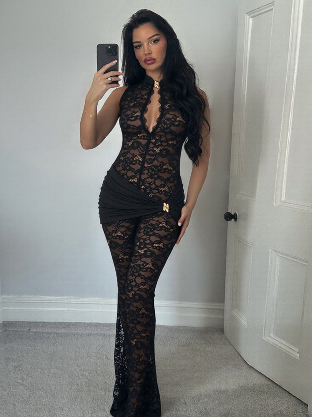 Lace Patchwork Sleeveless Sexy High-waisted Slim Fit Flares Buttons Jumpsuits&Bodysuits
