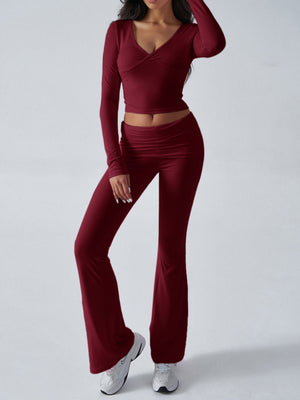 V-neck Pleats Long-sleeved Top And Trousers Sports And Leisure 2-piece Sets