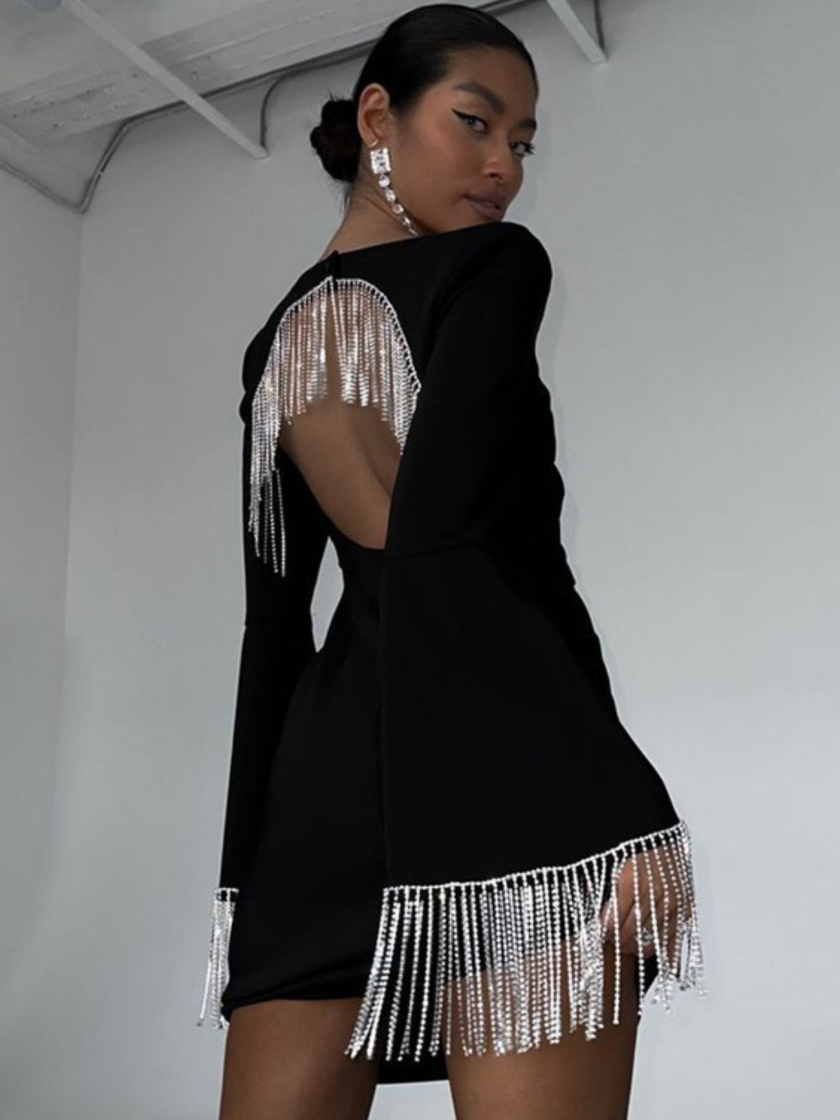 Tassel Splicing Open Back Square Collar Bell Sleeves Mini&Short Dresses