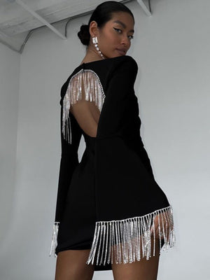 Tassel Splicing Open Back Square Collar Bell Sleeves Mini&Short Dresses