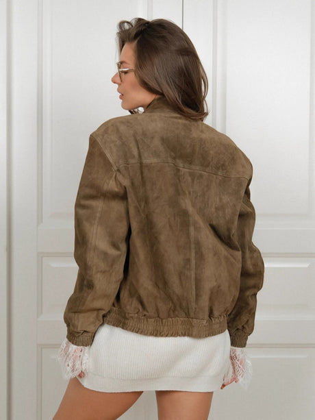 Basic Suede Zipper Khaki Jacket