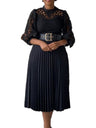 Lace Cutout Lace Patchwork With Belt Long Sleeves Midi Dresses