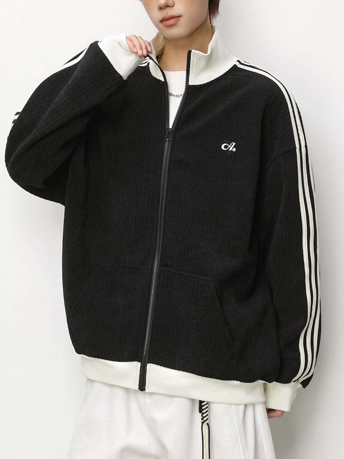 Color-blocked Vertical Stripe Loose-fit Cardigan Sweatshirt