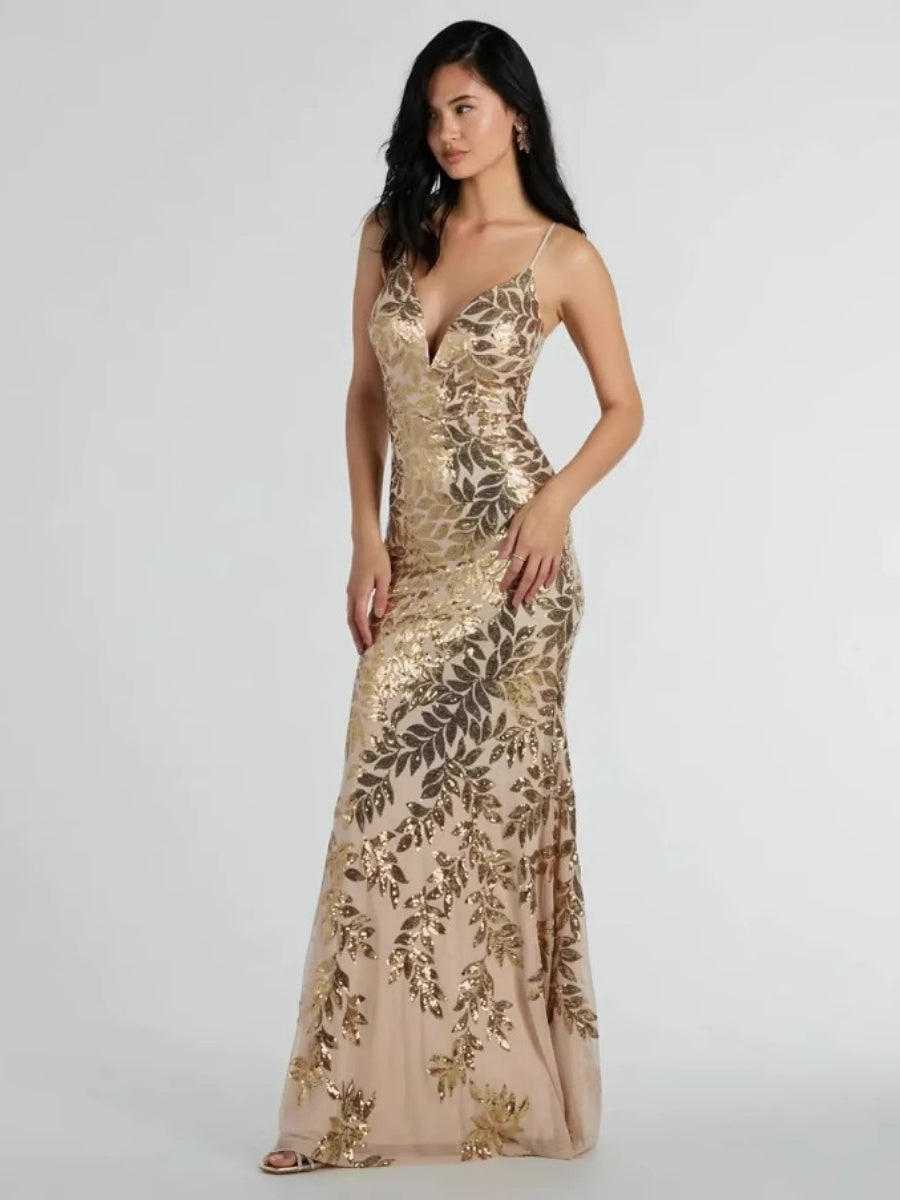 Robes maxi dos nu à paillettes dorées pour les fêtes