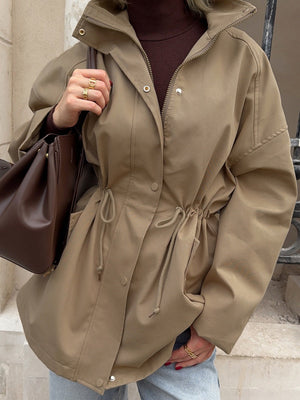 Stand-up Collar Mid-length Drawstring Waist Pure Cotton Trench Coat