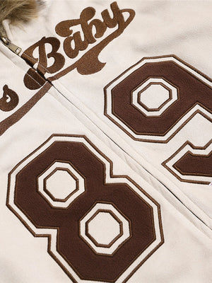 Retro Letter Embroidery Deerskin Fur Collar Plush Hooded Cardigan