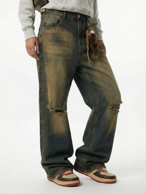 Retro Dirty Hole Red Diamond Distressed Jeans