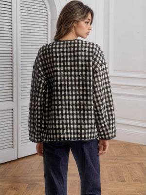 Liber Autumn women's houndstooth stitching round neck coat jacket