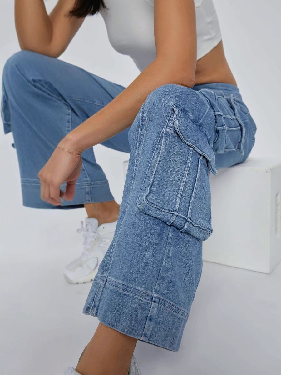 Washing Multiple Pockets Wide Leg Lace Up Jeans