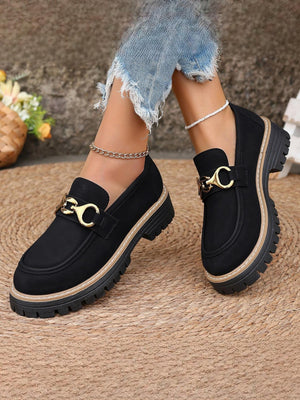 Solid Color Platform Loafers With Metal Buckles