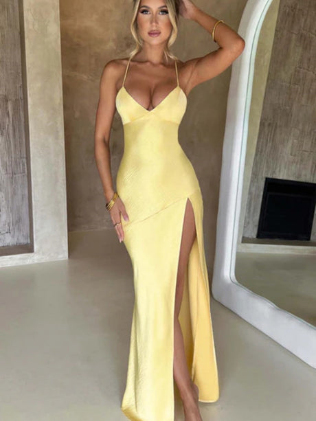 Sexy Halter Top High Slit Slim Fit Satin Parties Cocktail Party Wedding Long Dress