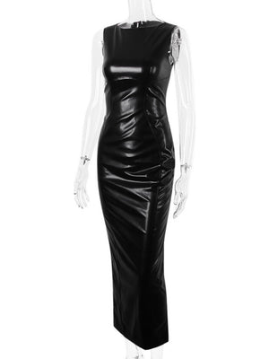 PU Leather Slit Sleeveless Maxi Dresses