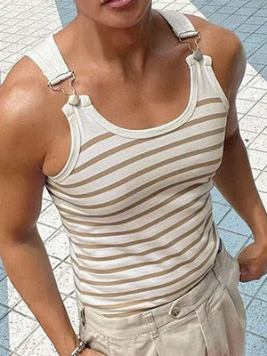 Stripes Stretch Slim-fit Metal Buttons Camisoles Tank Tops
