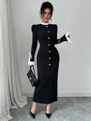 Black And White Color-blocked Velvet Fitted Long Dress