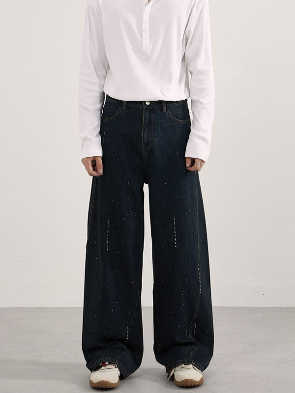 Retro Hot Brick Raindrop Design Blue Gray Loose Straight Leg Jeans