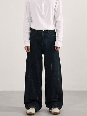 Retro Hot Brick Raindrop Design Blue Gray Loose Straight Leg Jeans