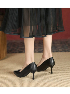 Liber Spring and Autumn Rhinestone Square Buckle Women's High Heels