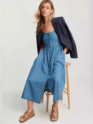 Denim Pocket Buttons Camisoles Maxi Dresses