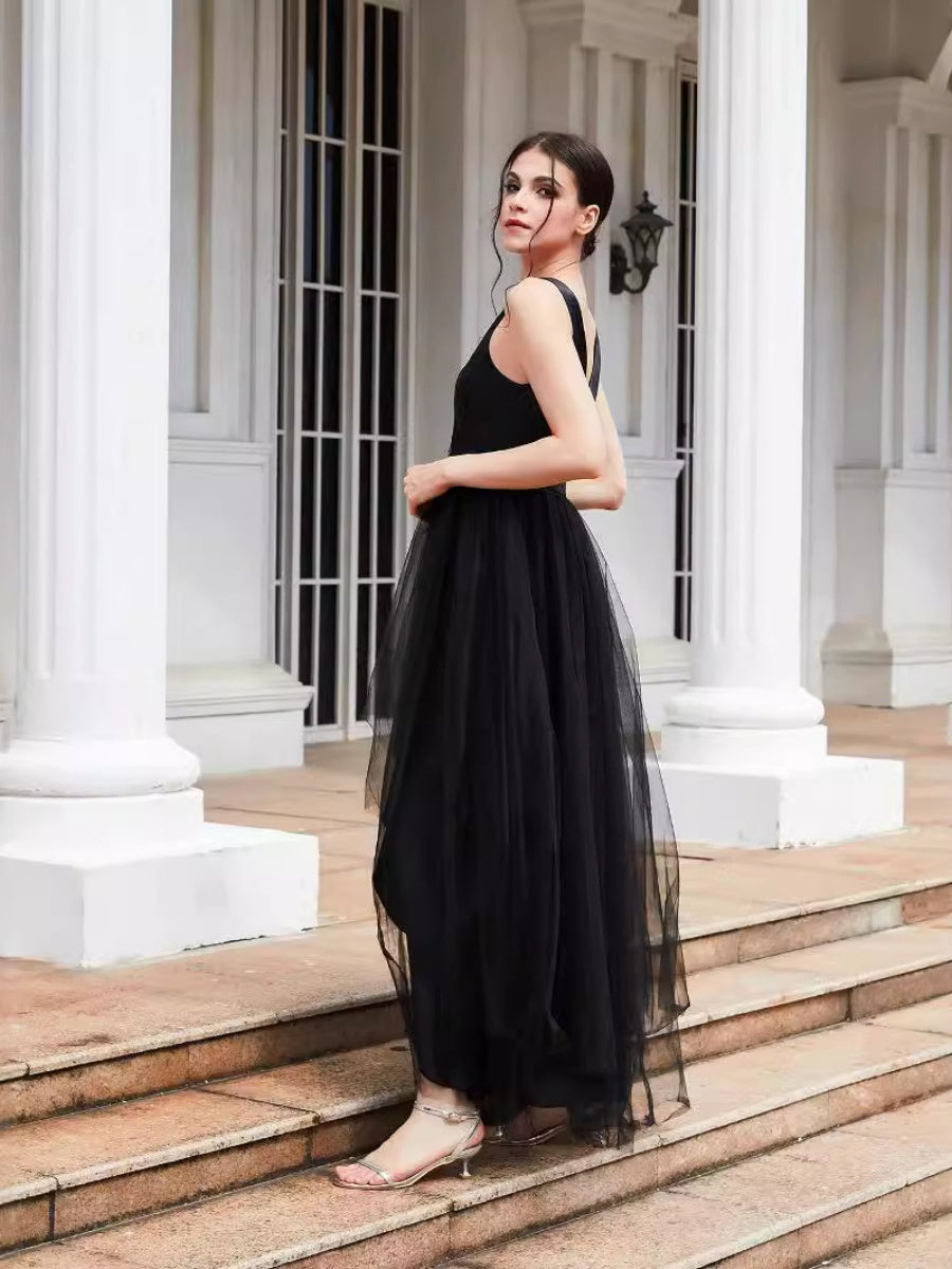 Mesh V-neck High Waist Black Parties Long-sleeved Dress