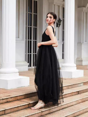 Mesh V-neck High Waist Black Parties Long-sleeved Dress