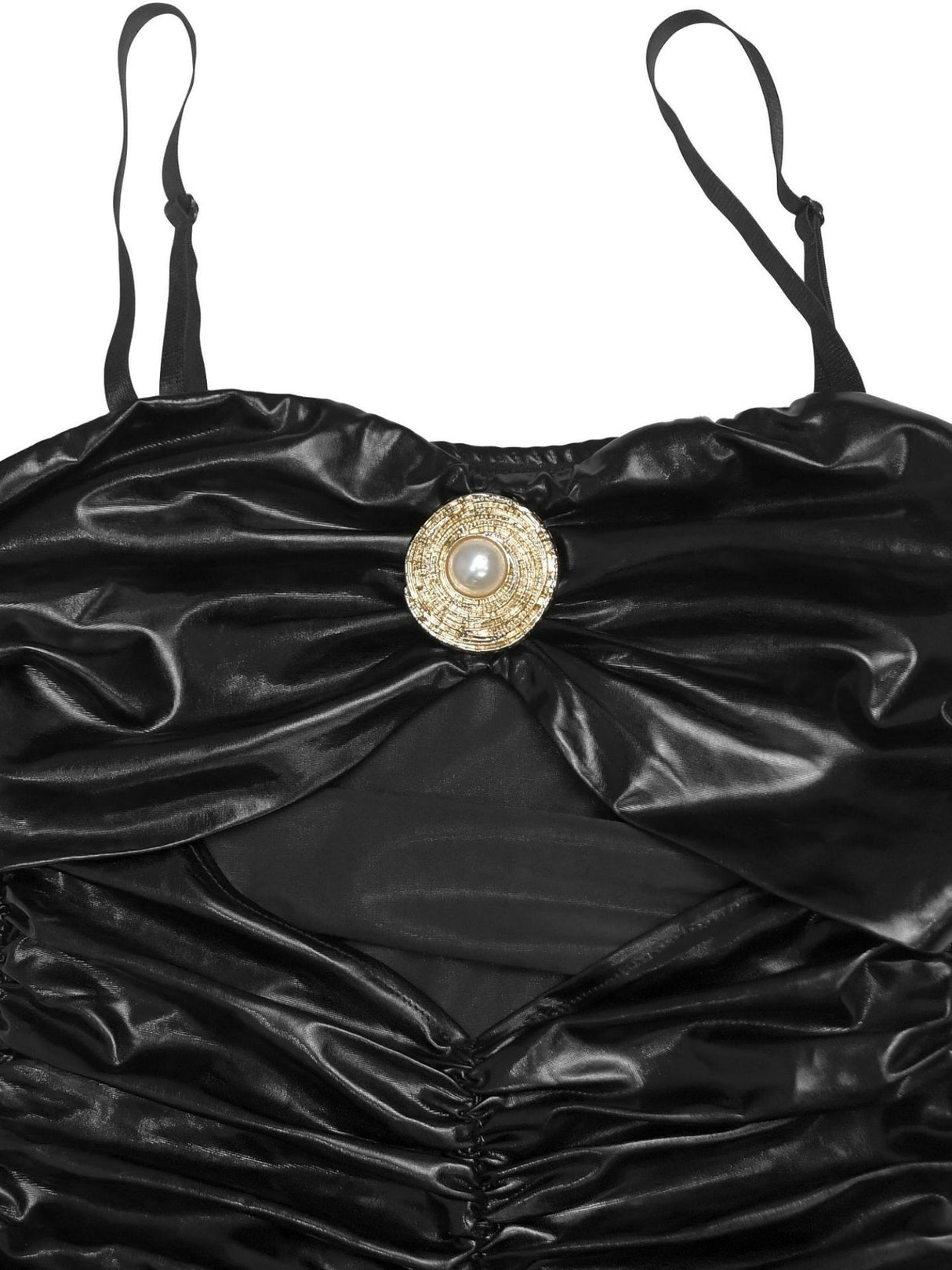 Robe de soirée longue plissée à fines bretelles et décolleté métallisé, bretelles spaghetti, effet brillant.