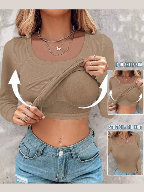 T-shirts à manches longues unis, col en U et soutien-gorge intégré