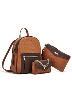 Color-blocked Embossed Backpack 3-piece Set