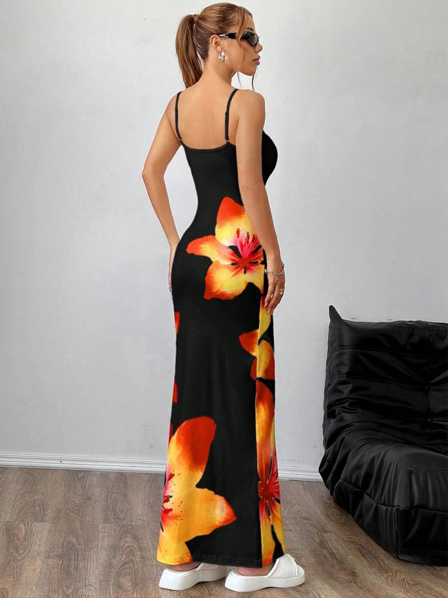 Flowers Printed Spaghetti Strap Maxi Dresses