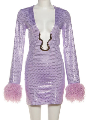 Deep V Sequins Rough Edges Long Sleeves Hip Wrap Mini&Short Dresses