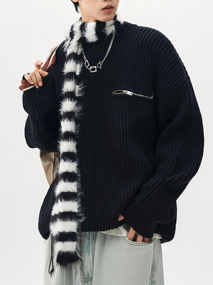 Zippered Pockets Thickening Crew Neck Sweater