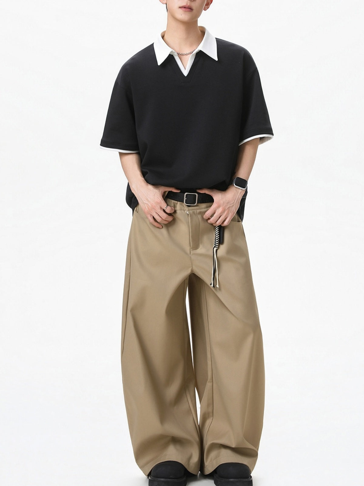 Layered-look Color-blocked Seagull Collar Polo Shirt