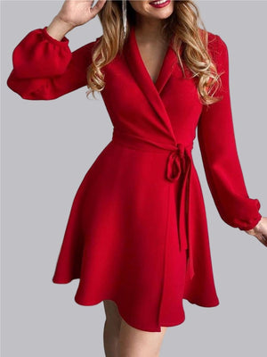 Printed Splicing Lapel Lace Up Waist Short Suit Dress