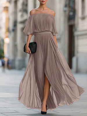 Off Shoulder Elegant Pleats Solid Color Slit Maxi Dresses