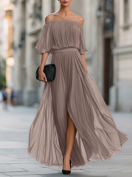 Off Shoulder Elegant Pleats Solid Color Slit Maxi Dresses