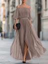 Off Shoulder Elegant Pleats Solid Color Slit Maxi Dresses