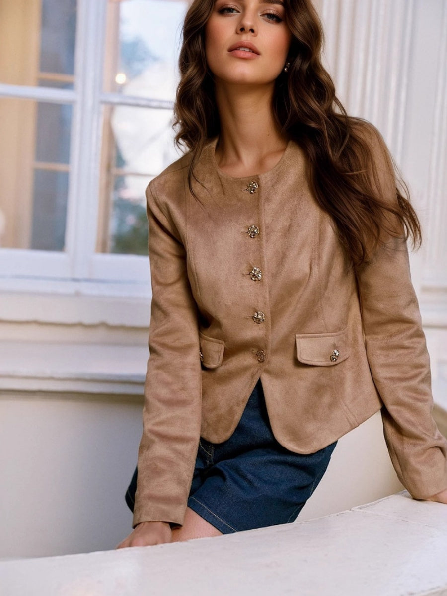 Liber Autumn women's round neck short pocket suede collage, Patchwork jacket