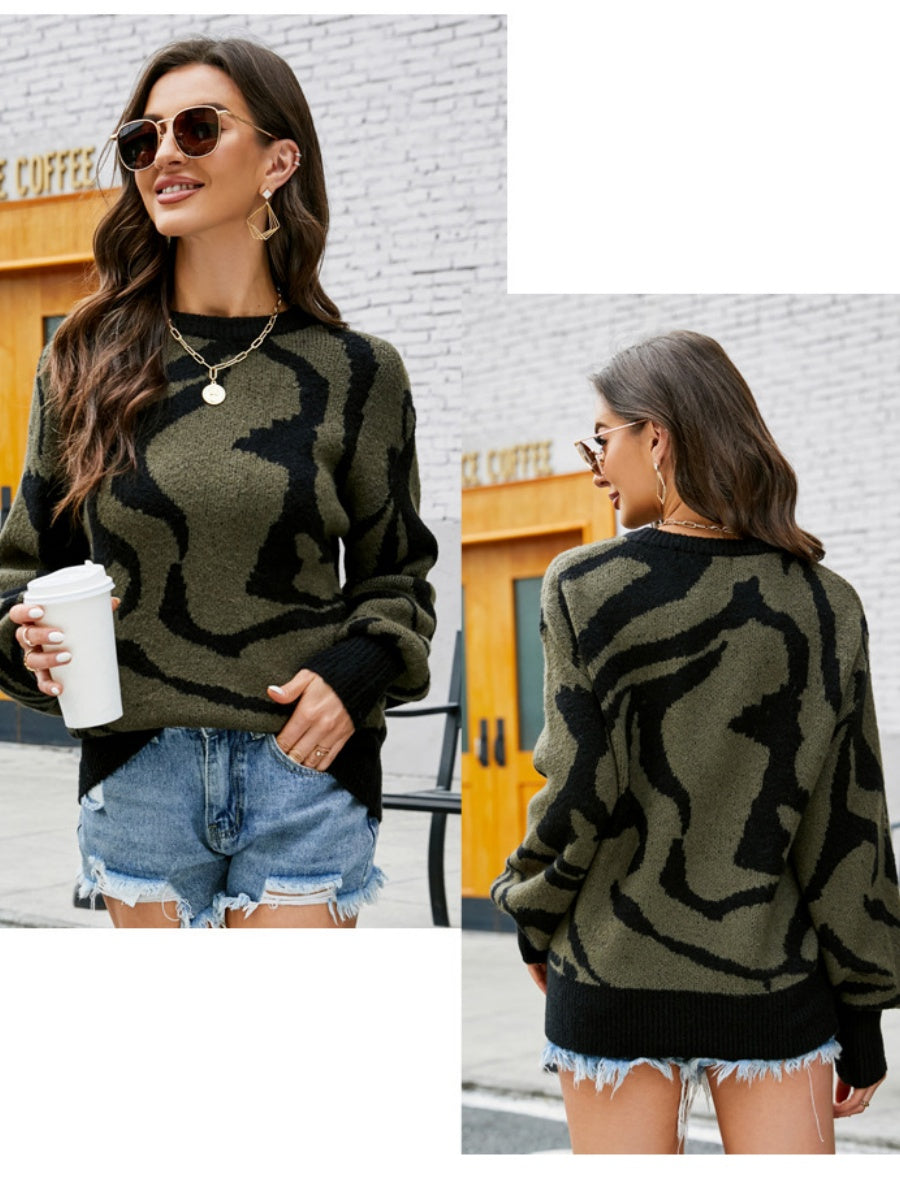 Liber Autumn Women's Contrasting colors Zebra print Sweaters Long sleeve Crew Neck Short top