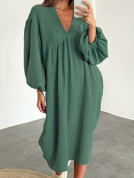 Cotton Blend Temperament V-neck Long Sleeve Loose-fit Home Vacation Mini&Short Dresses
