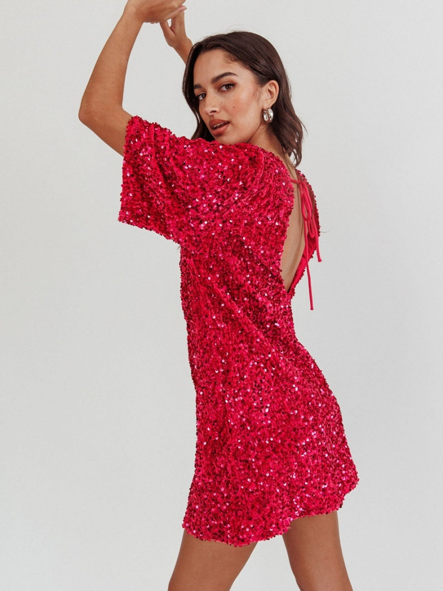 Crew Neck Sequins European And American Style Short Sleeve Loose Bandage Parties Christmas Short Dress