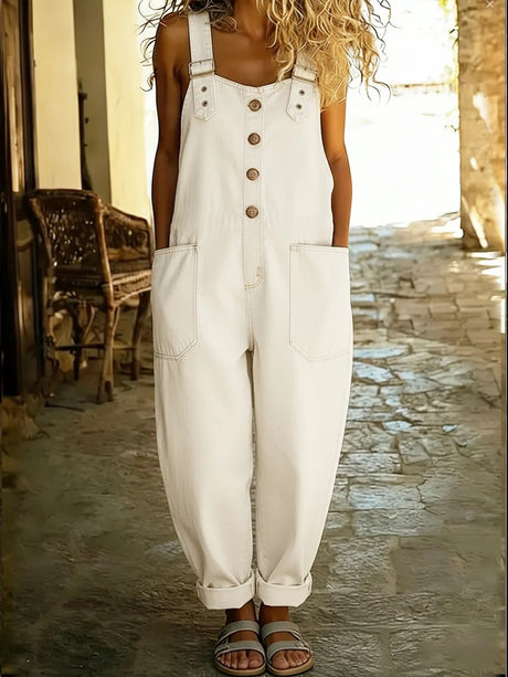 Retro Distressed Loose-fitting Adjustable Buckle Casual Denim Jumpsuit