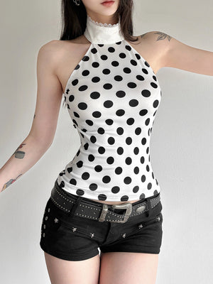 Polka Dots Halter Neck Waist Shaping Lace Patchwork Trim Tank Tops&Camis