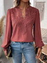 Lace Trim V-neck Long Sleeve Shirt T-shirts