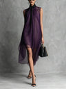 High-neck, Tie-up, Sleeveless Chiffon Dress With Bow Solid Color Irregular Midi Dress