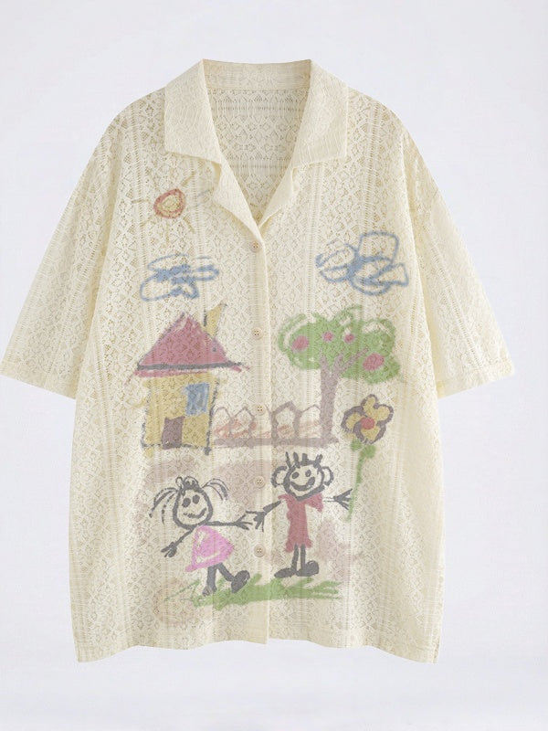 Hand-drawn Graffiti Printed Beach Vacation Lace Shirts