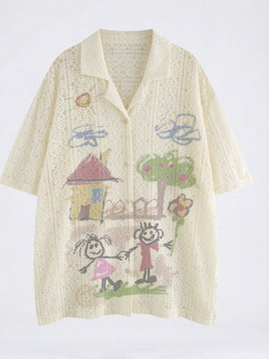 Hand-drawn Graffiti Printed Beach Vacation Lace Shirts